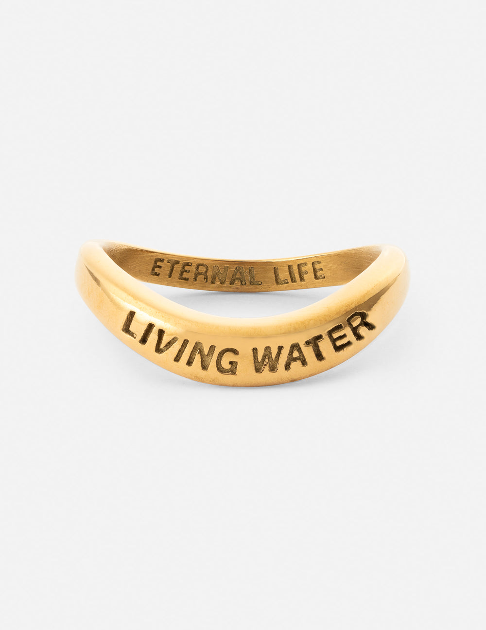 Gold-tone text ring with cream band and engraved lettering on inner band