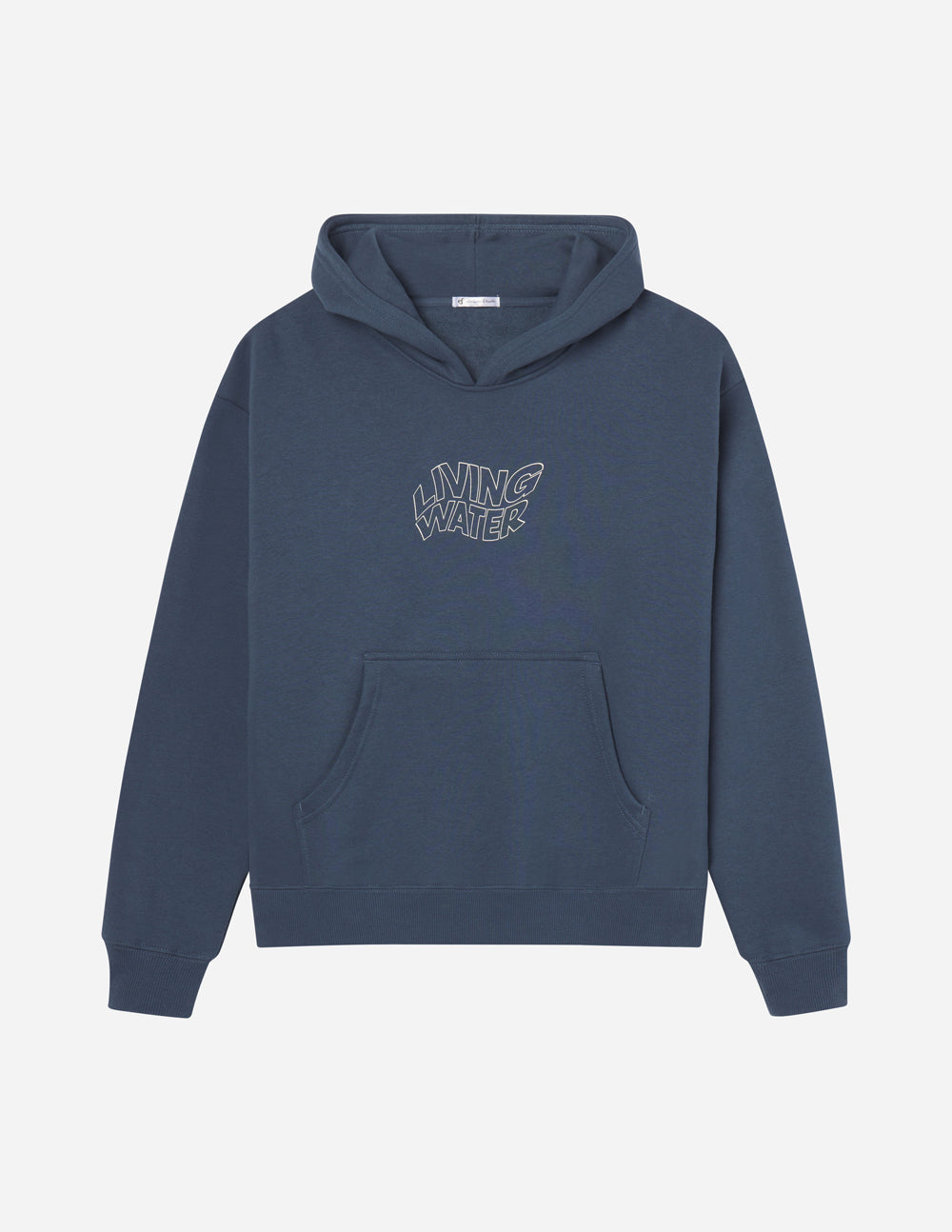 Dark blue unisex hoodie front view with hood, kangaroo pocket, and small chest logo.