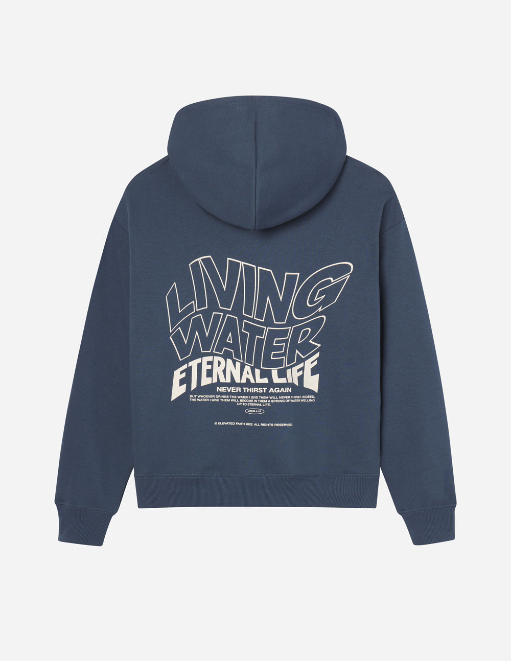 Dark blue unisex hoodie back view with hood and Living Water Eternal Life print.