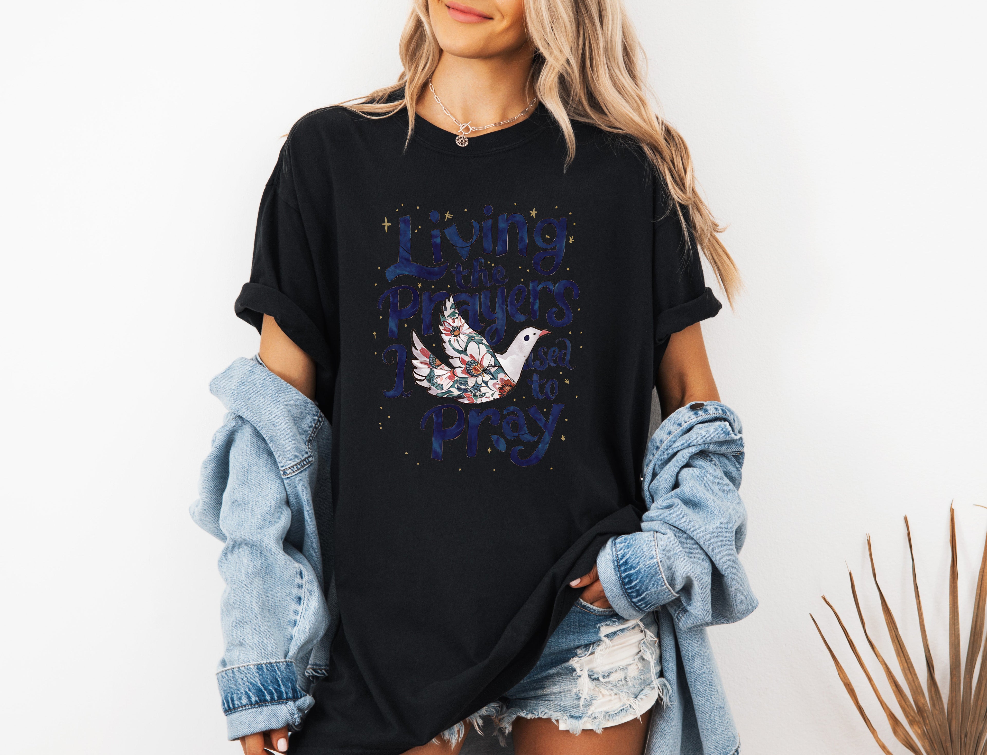 Garment-dyed T-shirt in black, crewneck with front bird and 'Pray' graphic.