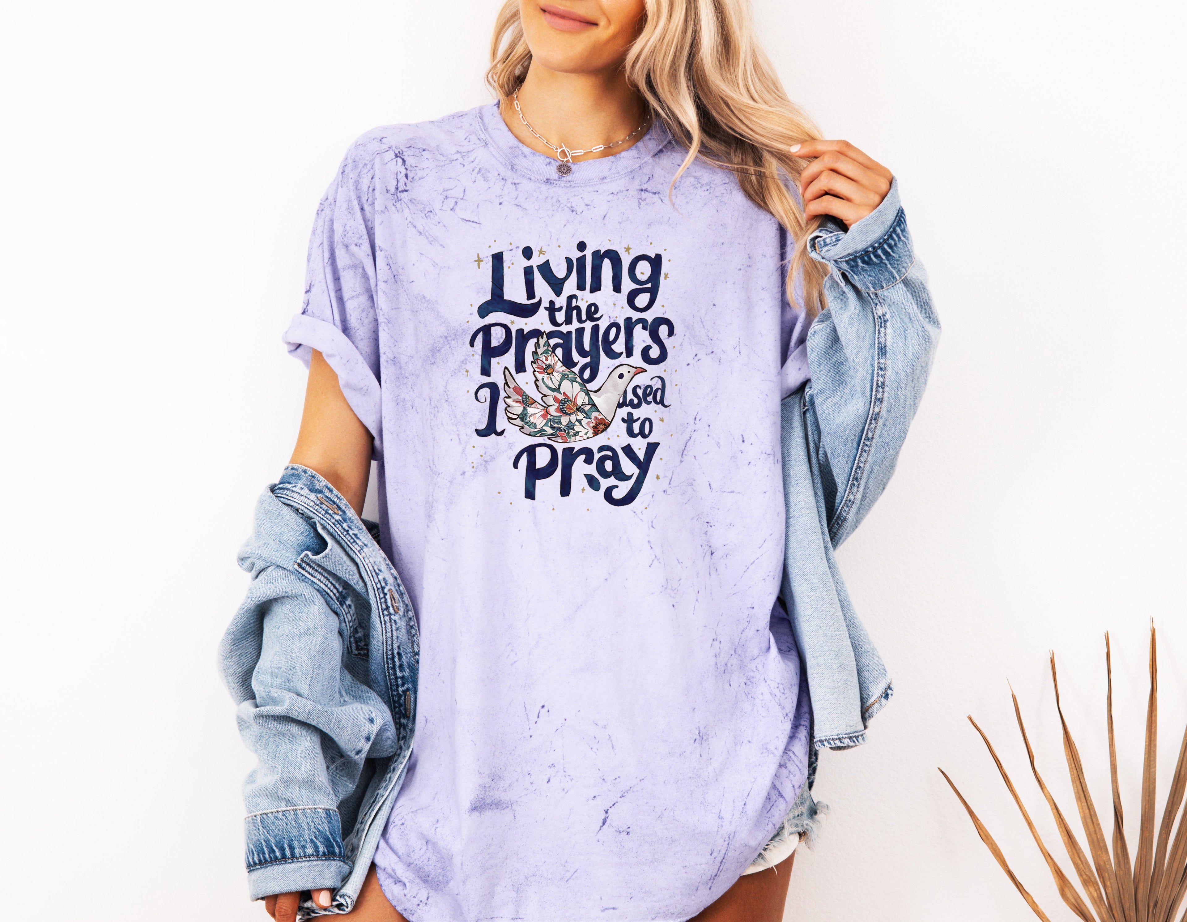 Garment-dyed T-shirt in light purple, crewneck with front bird and 'Pray' graphic.
