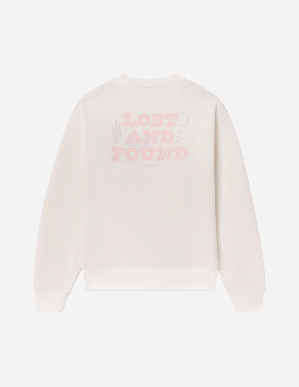 Unisex crewneck sweatshirt, light cream back view with faint graphic logo