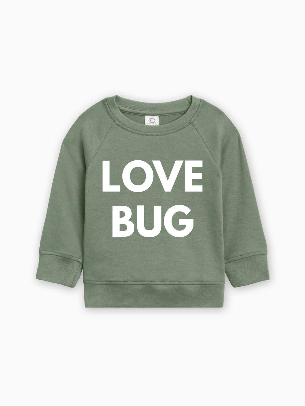 Green baby pullover with white “LOVE BUG” text graphic
