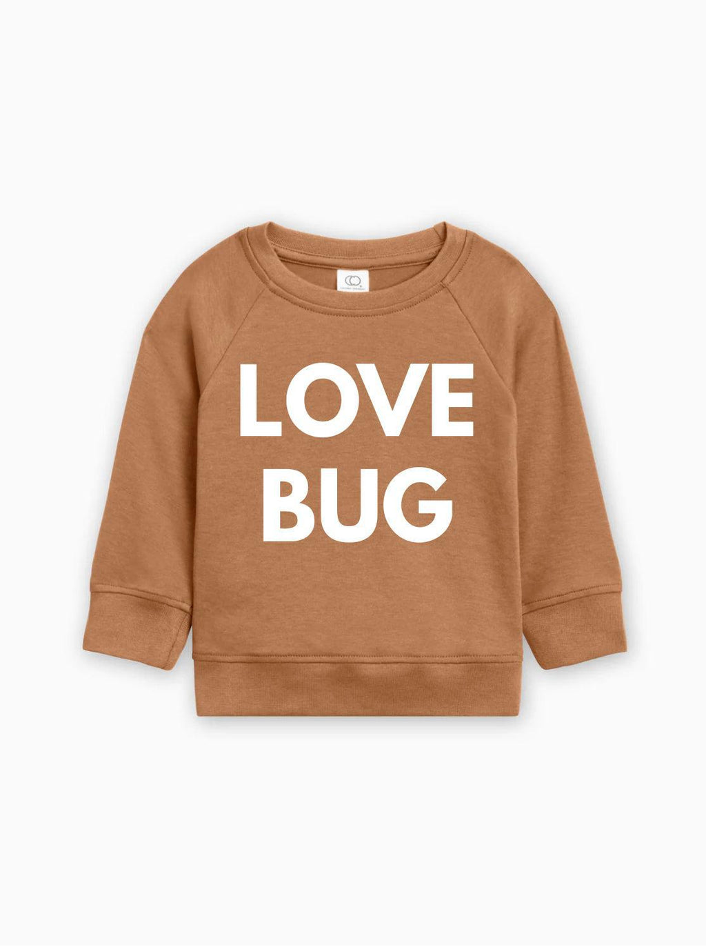 Tan baby pullover with white “LOVE BUG” text graphic