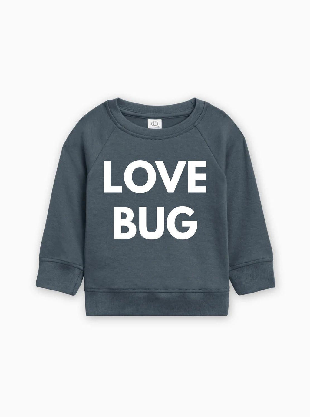 Dark blue baby pullover with white “LOVE BUG” text graphic