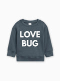 Dark blue baby pullover with white “LOVE BUG” text graphic