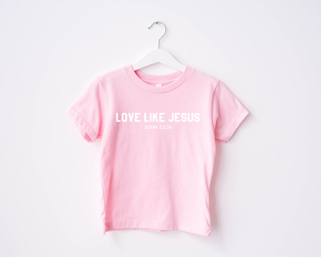 Pink baby/toddler t-shirt with 'LOVE LIKE JESUS' and 'John 13:34' print