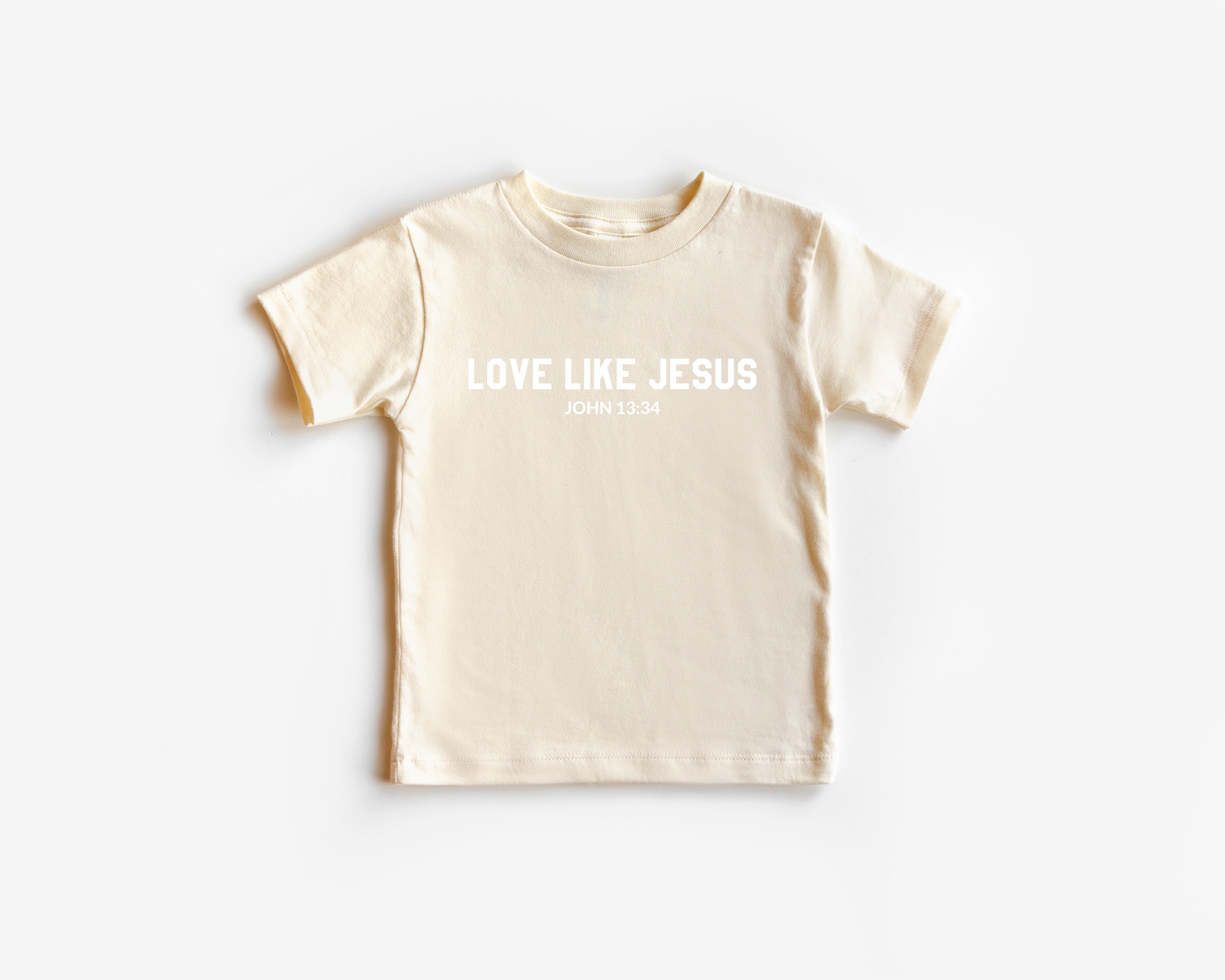 Light cream baby/toddler t-shirt with 'LOVE LIKE JESUS' and 'John 13:34' print