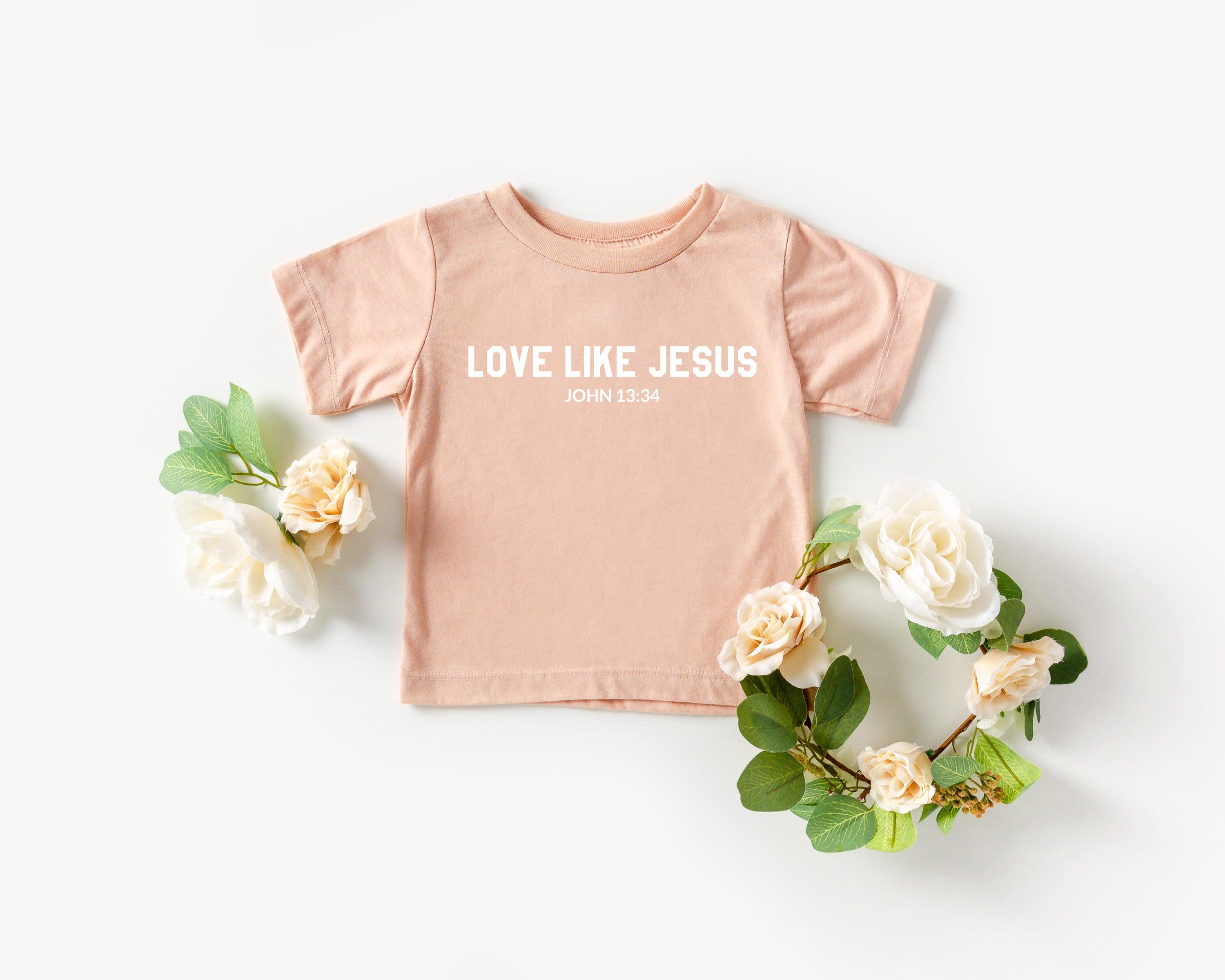 Light pink baby/toddler t-shirt with 'LOVE LIKE JESUS' and 'John 13:34' print
