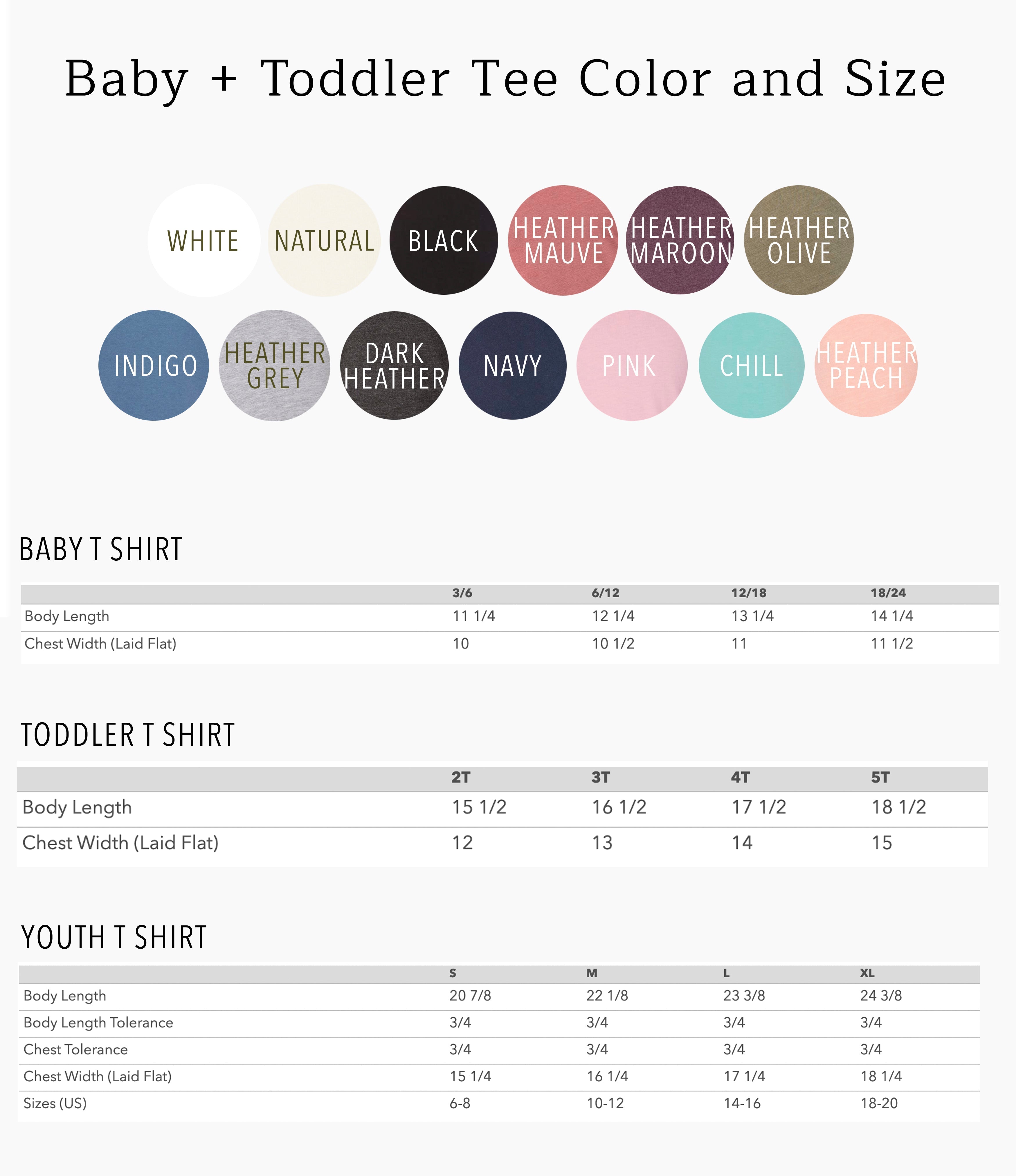 Baby and toddler t-shirt color and size chart with swatches and measurements