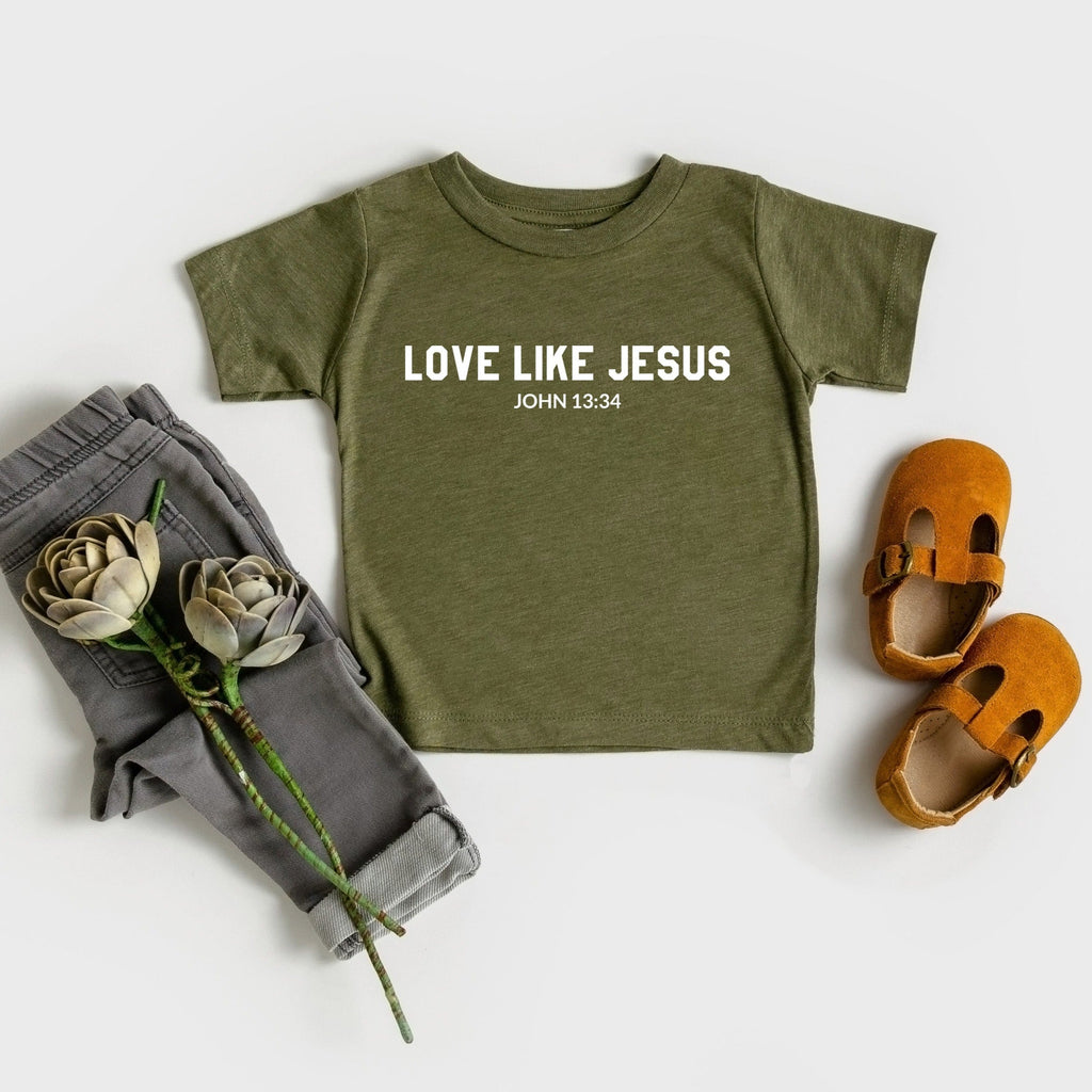 Olive green baby/toddler t-shirt with 'LOVE LIKE JESUS' and 'John 13:34' print