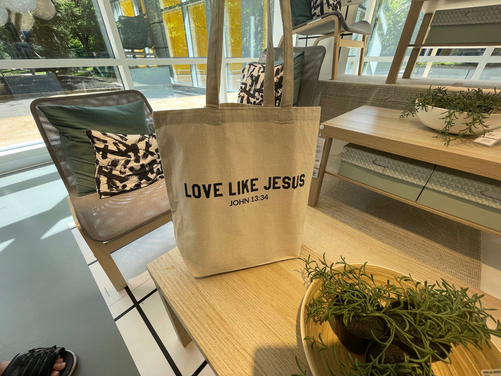 Natural canvas tote bag with LOVE LIKE JESUS and JOHN 13:34 text
