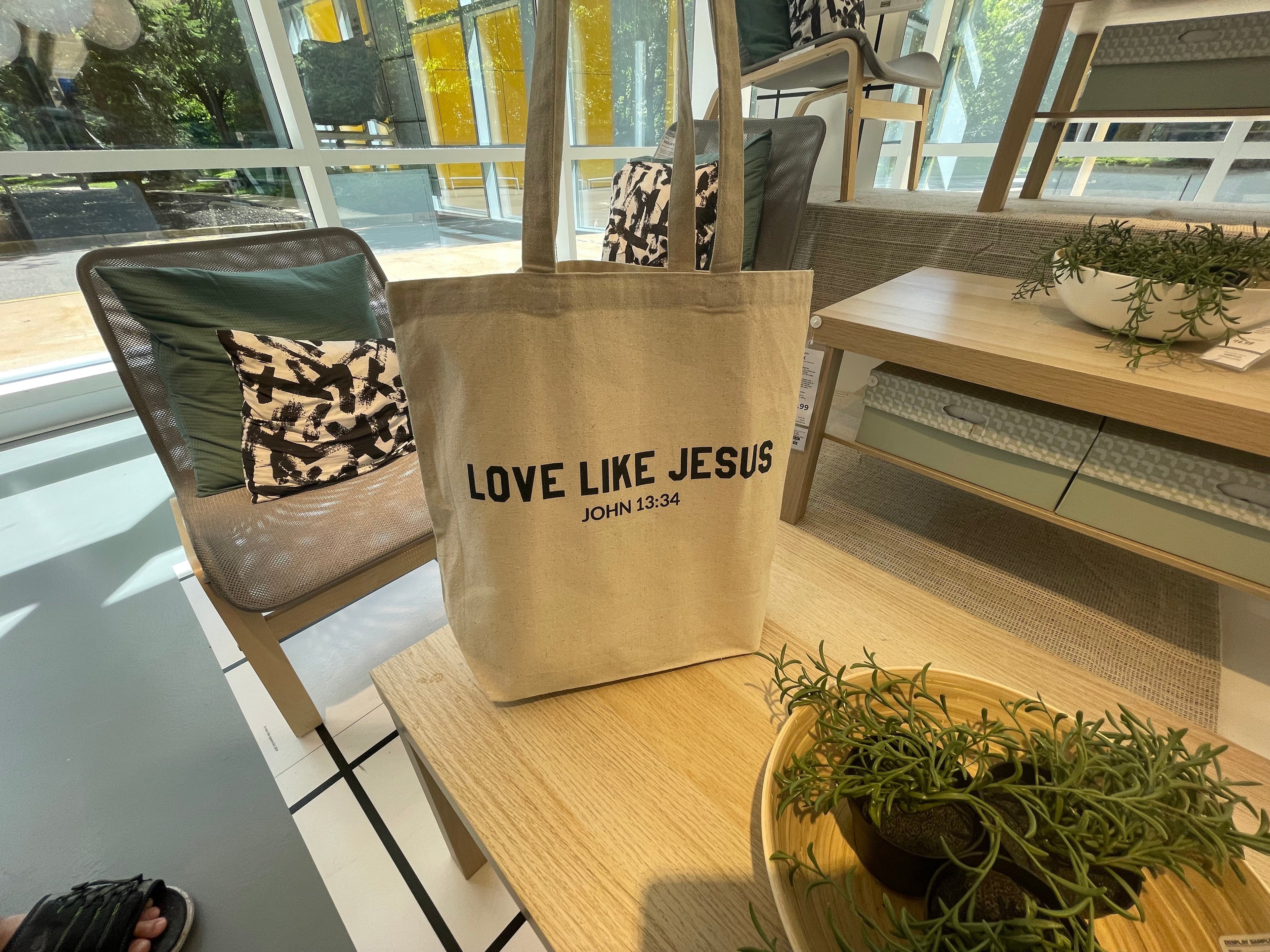 Natural canvas tote bag with LOVE LIKE JESUS and JOHN 13:34 text