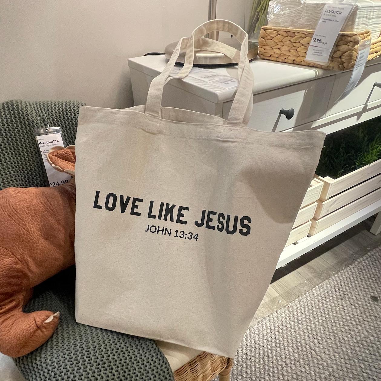 Natural canvas tote bag, printed LOVE LIKE JESUS and JOHN 13:34