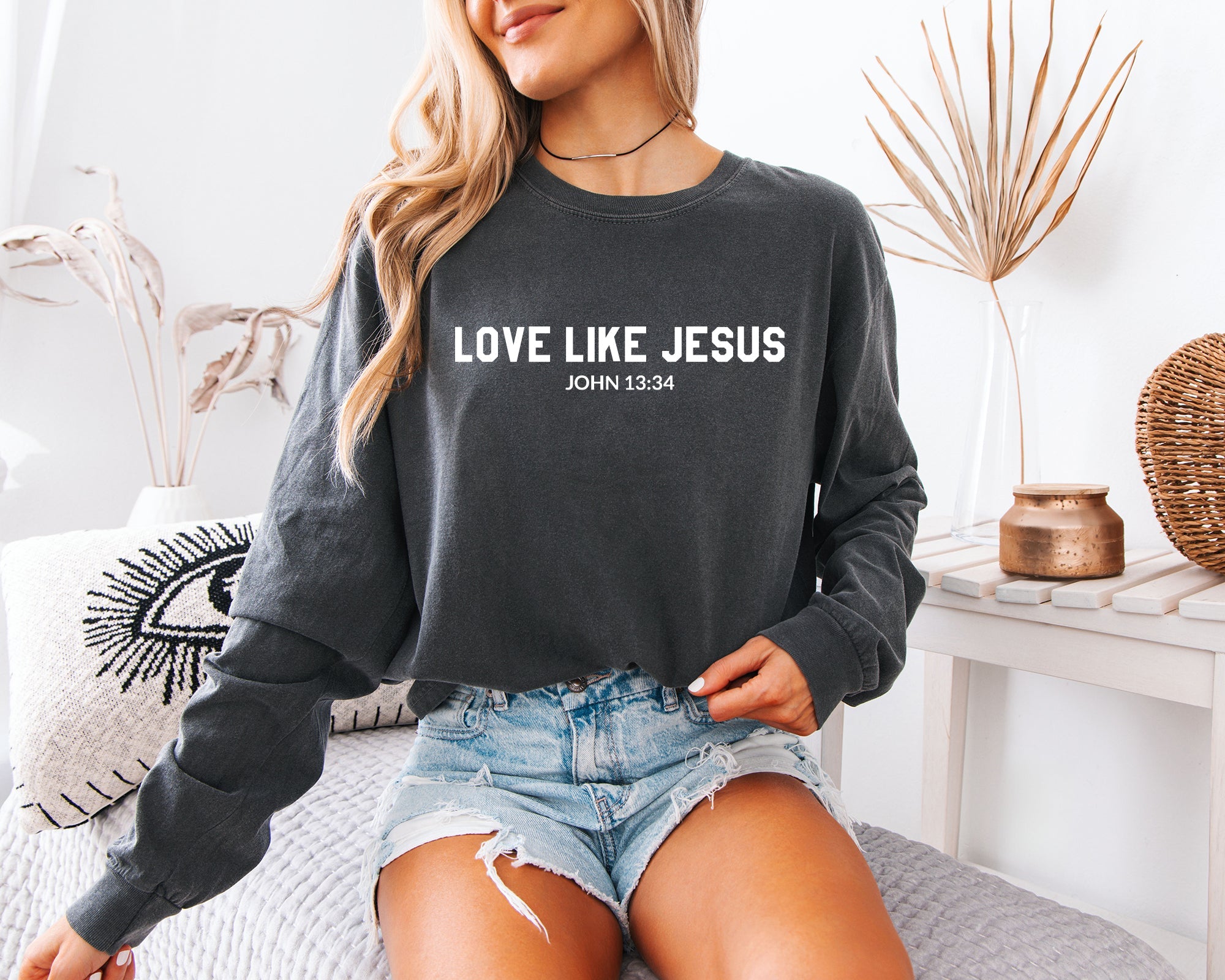 Dark gray long sleeve shirt with 'LOVE LIKE JESUS' and 'JOHN 13:34' on front