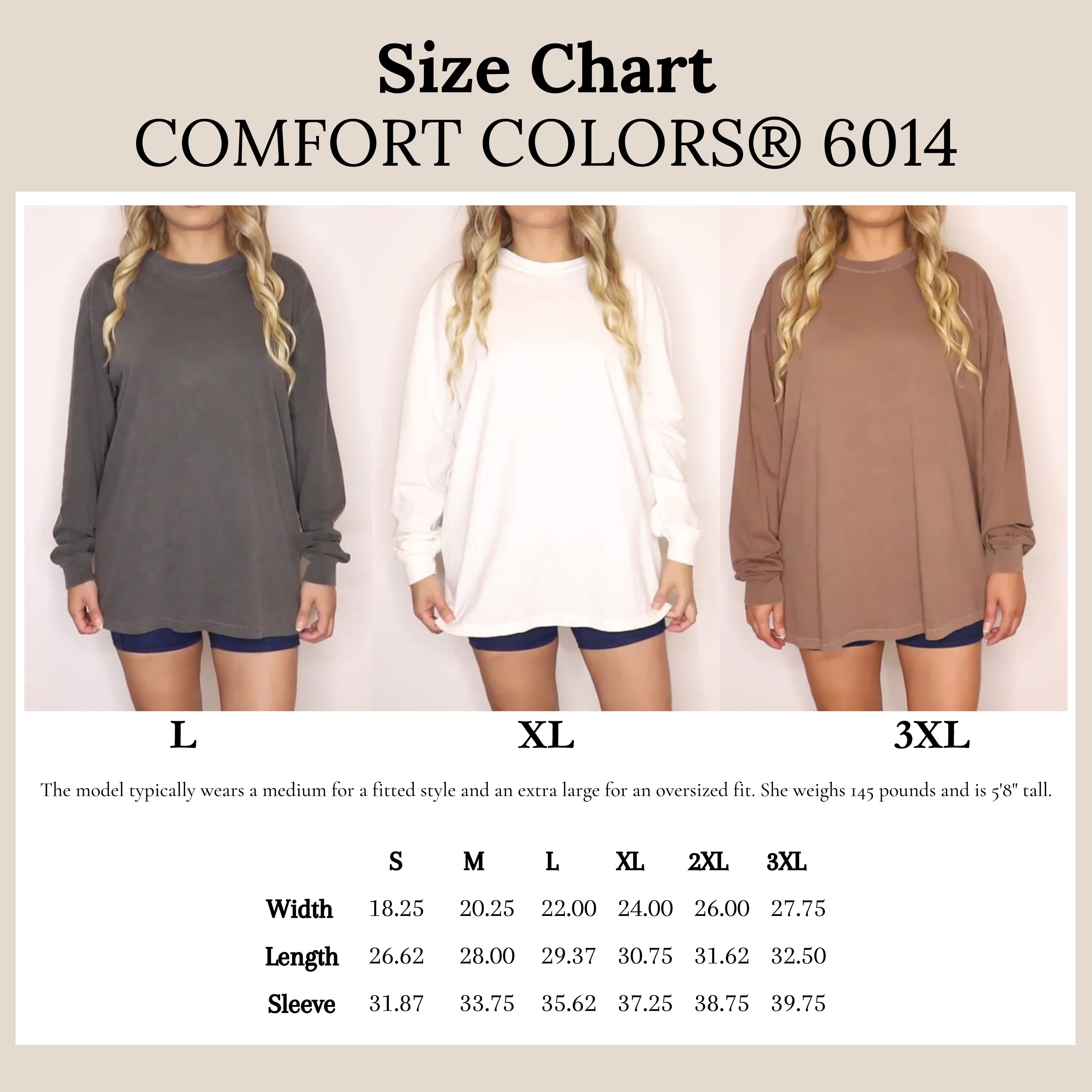 Long sleeve T-shirt size chart showing charcoal, white, and tan styles with crew neck