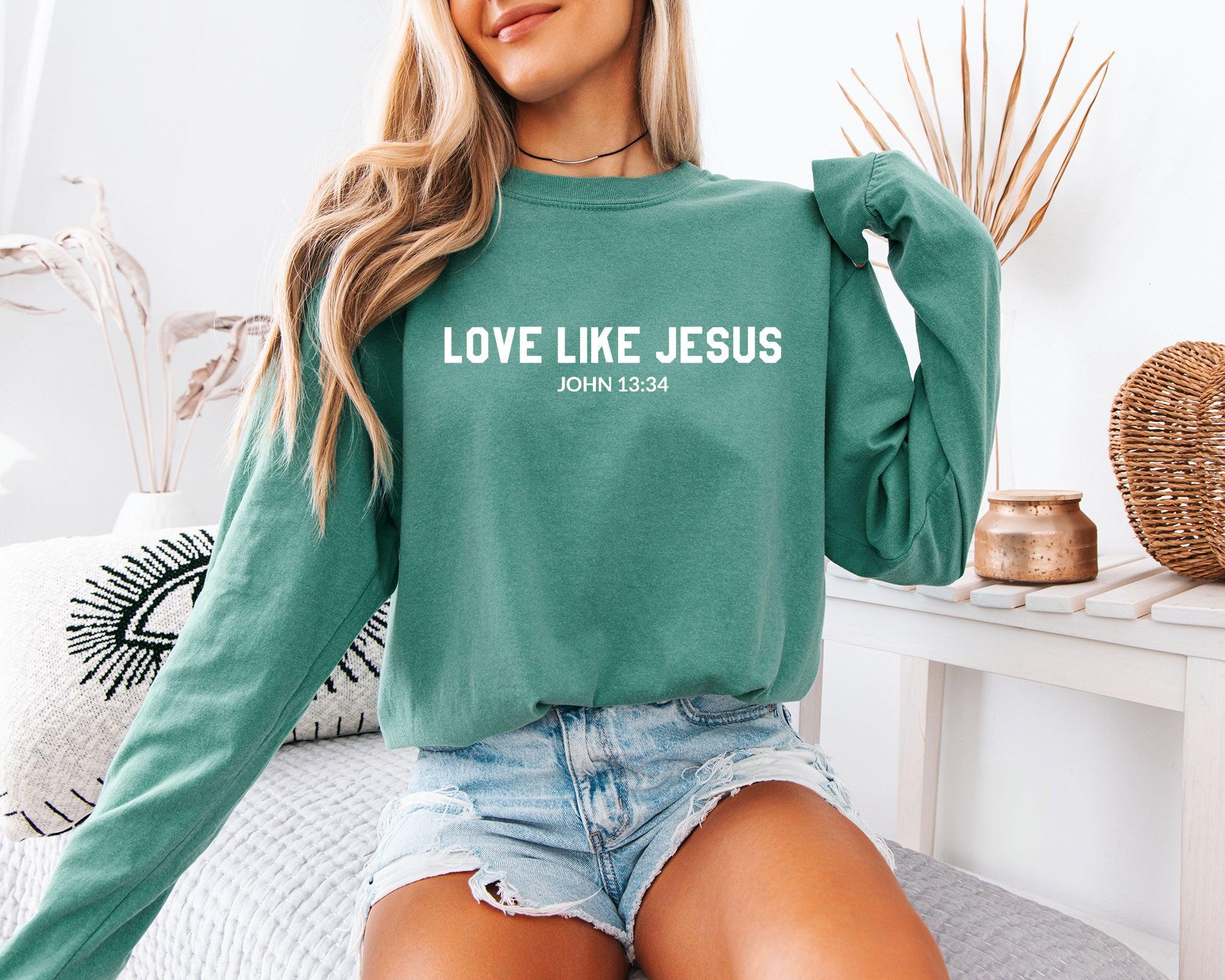 Long sleeve crewneck T-shirt in green with “LOVE LIKE JESUS” front print