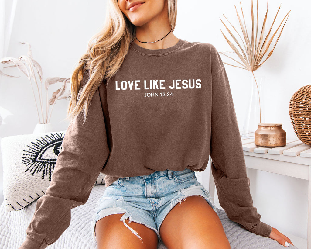 Long sleeve crewneck T-shirt in dark brown with “LOVE LIKE JESUS” front print