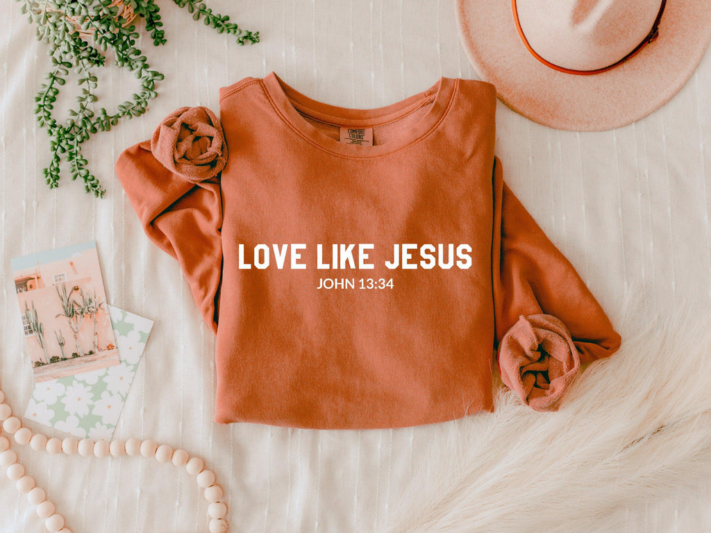 Rust-brown Christian sweatshirt with LOVE LIKE JESUS front print