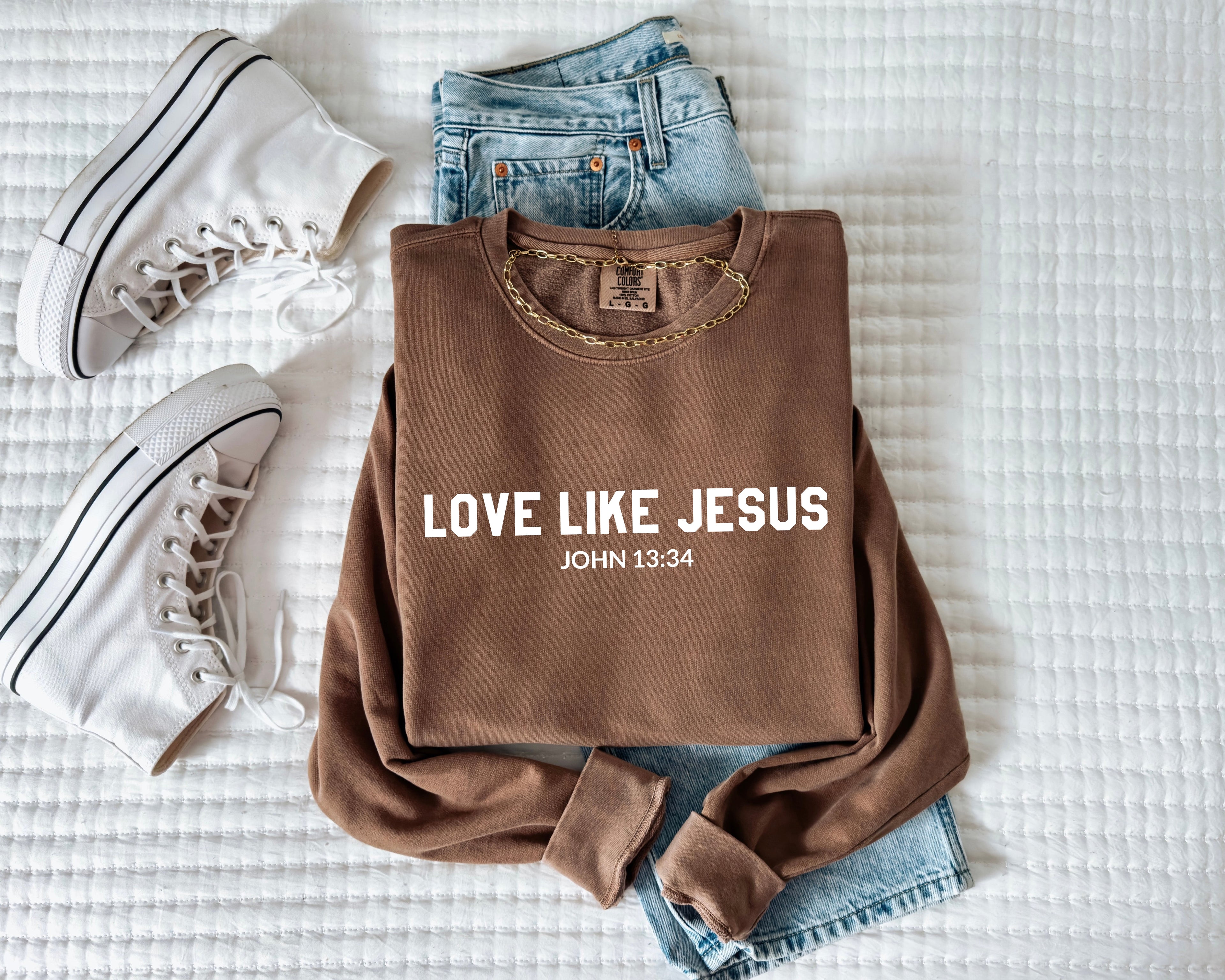Espresso brown crewneck sweatshirt with “LOVE LIKE JESUS” and “John 13:34” print