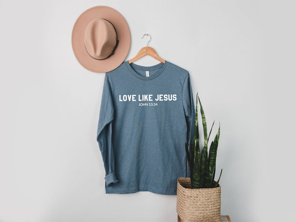 Long sleeve graphic T-shirt in heather blue with "LOVE LIKE JESUS" and John 13:34