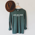 Long sleeve graphic T-shirt in dark teal with "LOVE LIKE JESUS" and John 13:34