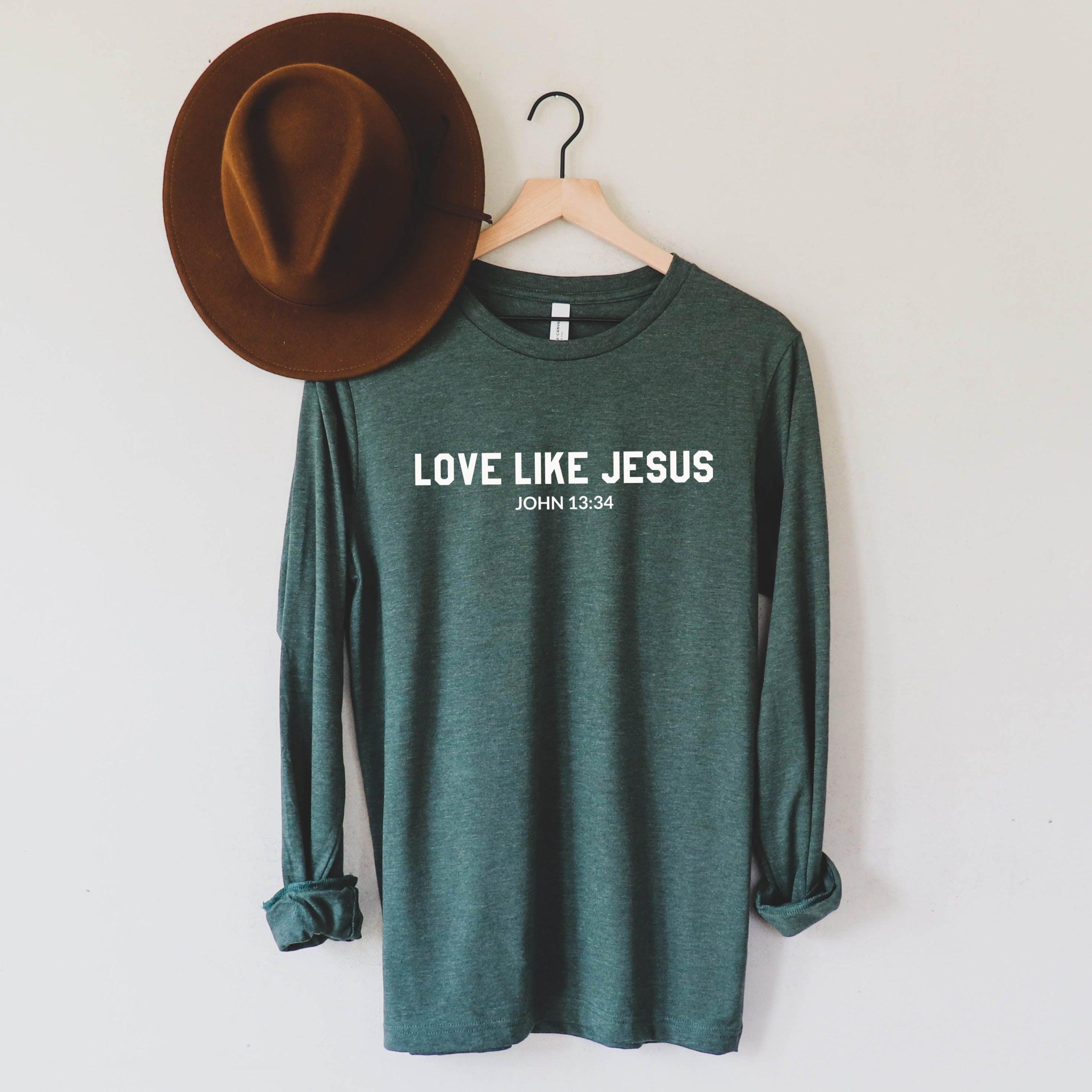 Long sleeve graphic T-shirt in dark teal with "LOVE LIKE JESUS" and John 13:34