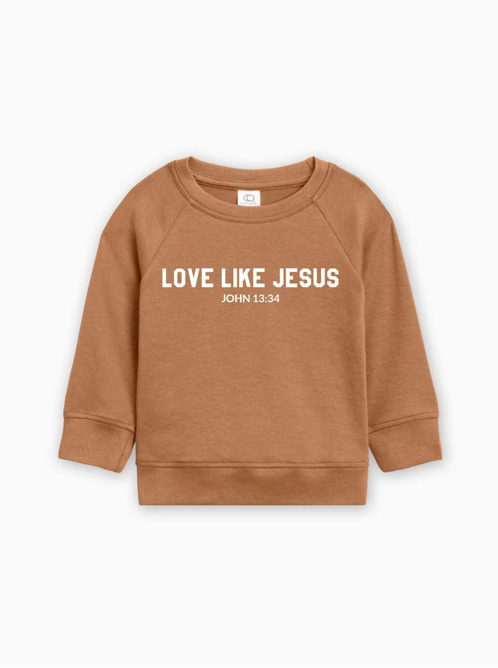 Toddler organic cotton pullover in ginger tan with “Love Like Jesus” graphic