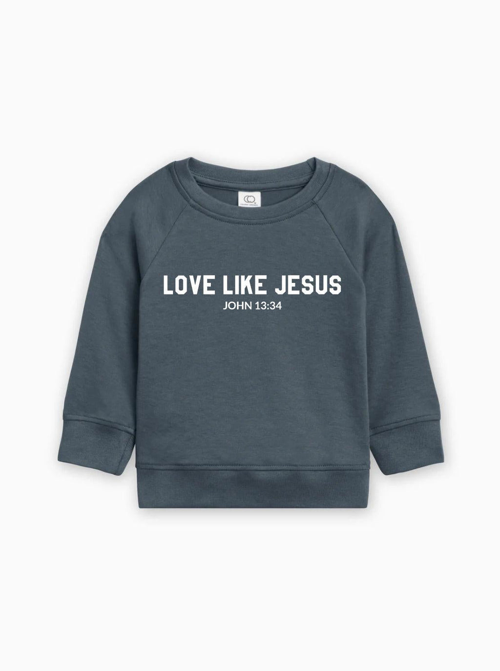 Toddler organic cotton pullover in dark blue with “Love Like Jesus” graphic