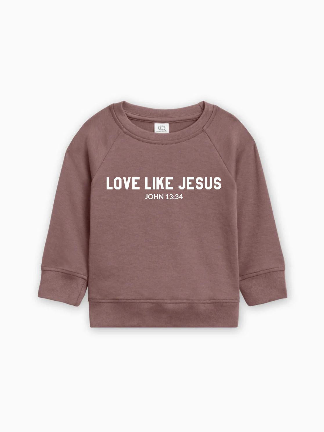 Toddler organic cotton pullover in rose mauve with “Love Like Jesus” graphic