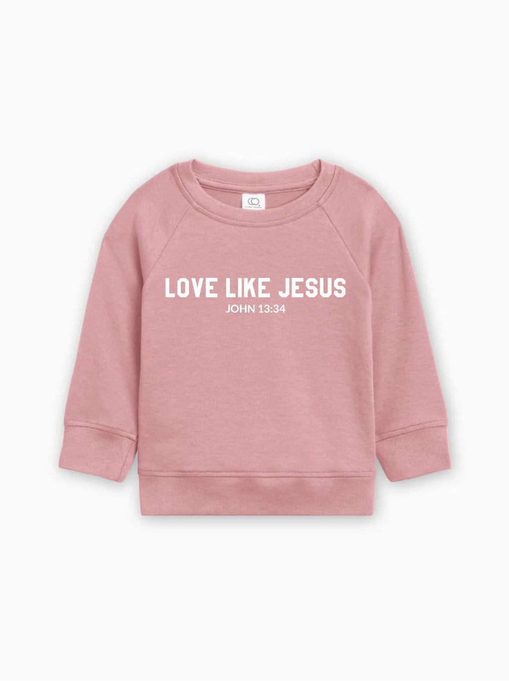 Toddler organic cotton pullover in light pink with “Love Like Jesus” graphic