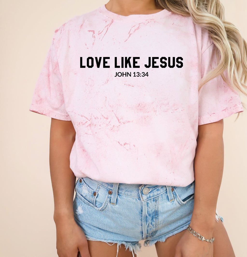 Blossom garment-dyed Christian T-shirt with printed “LOVE LIKE JESUS” and John 13:34