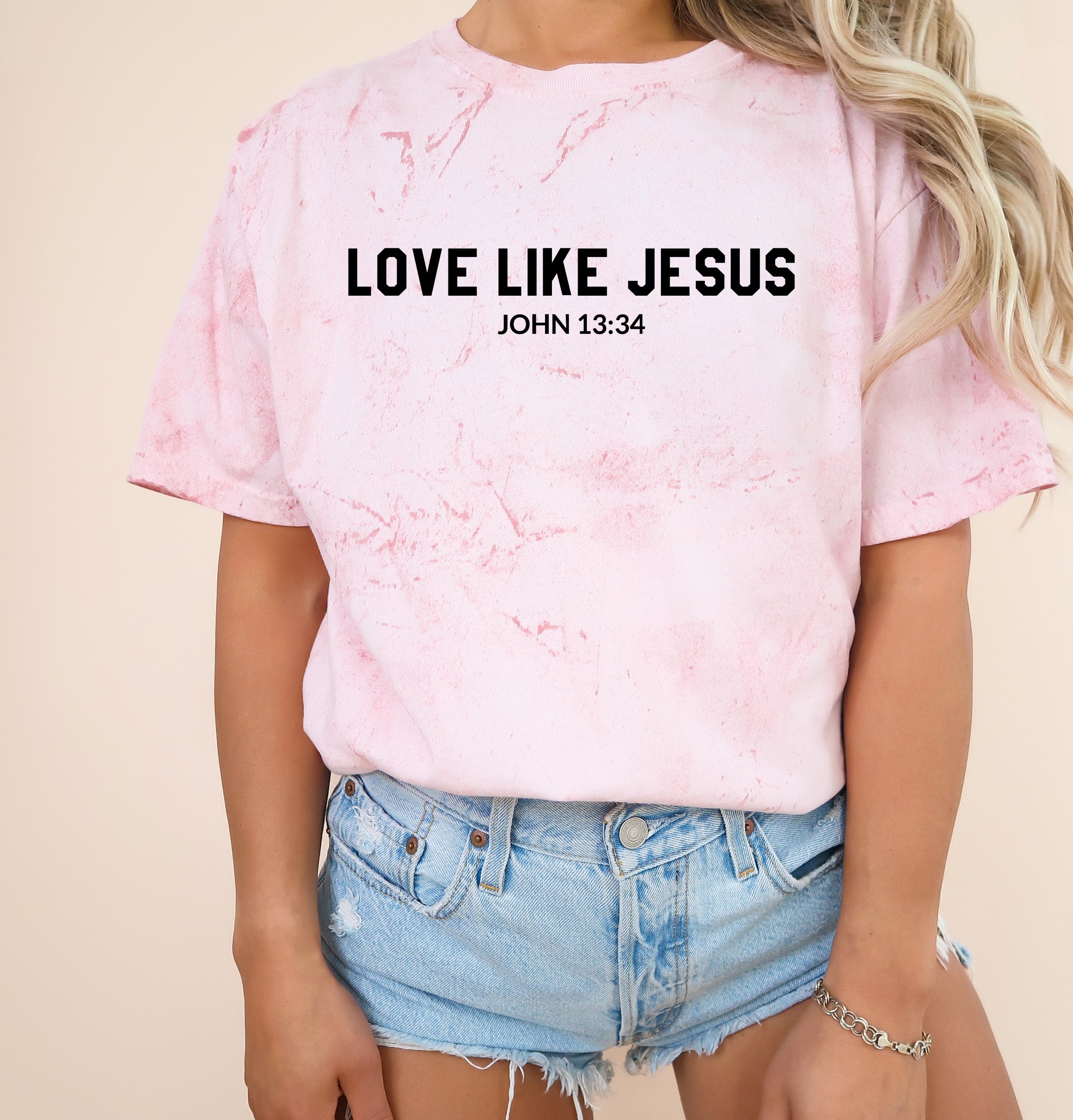 Blossom garment-dyed Christian T-shirt with printed “LOVE LIKE JESUS” and John 13:34