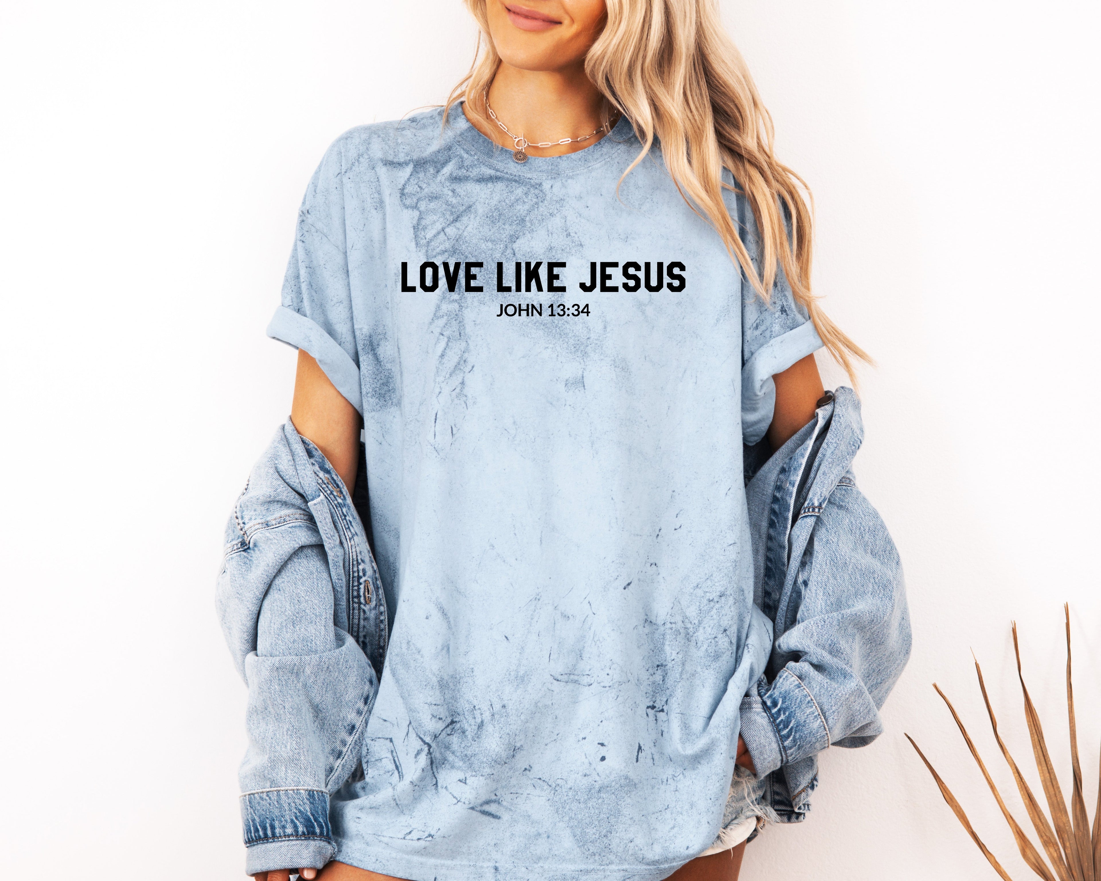 Blue Jean garment-dyed Christian T-shirt with printed “LOVE LIKE JESUS” and John 13:34