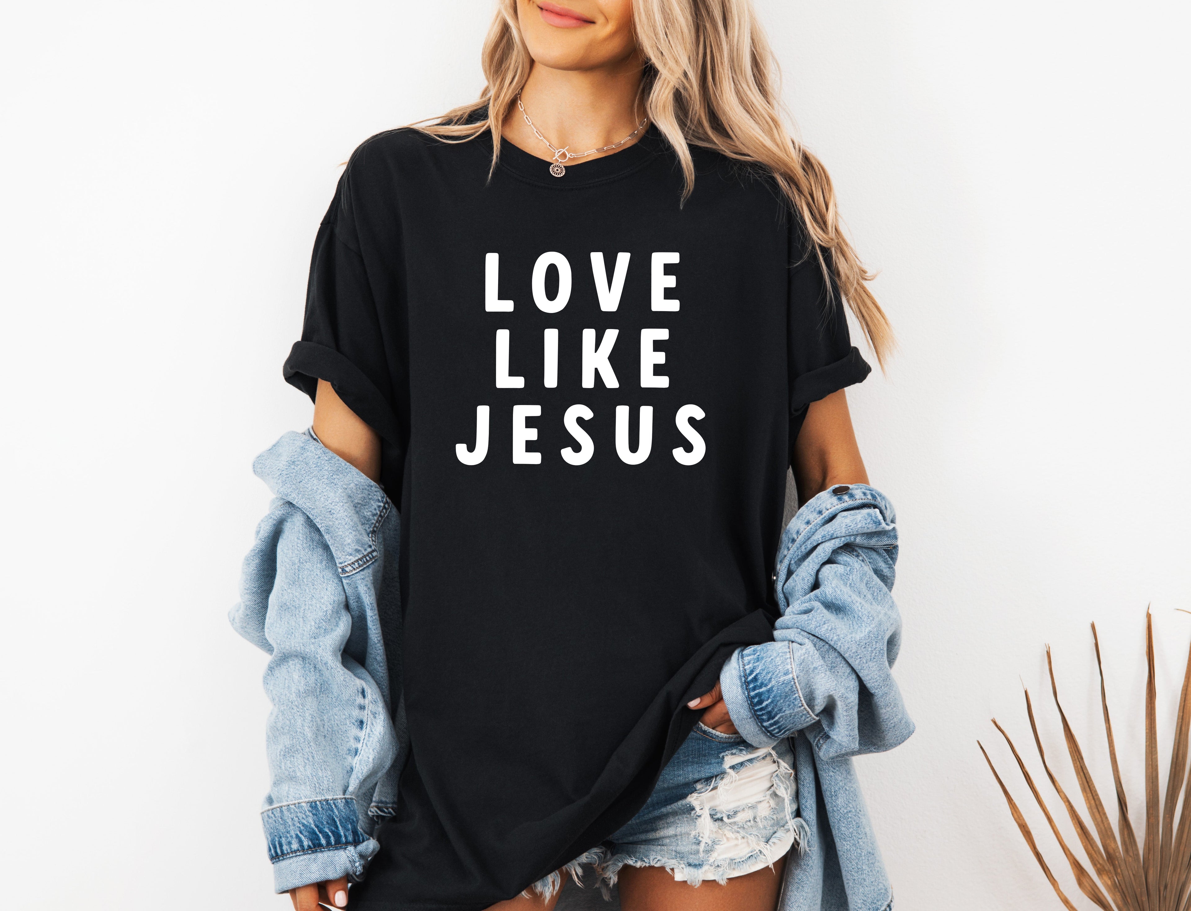 Christian T-shirt, black with 'LOVE LIKE JESUS' white front print