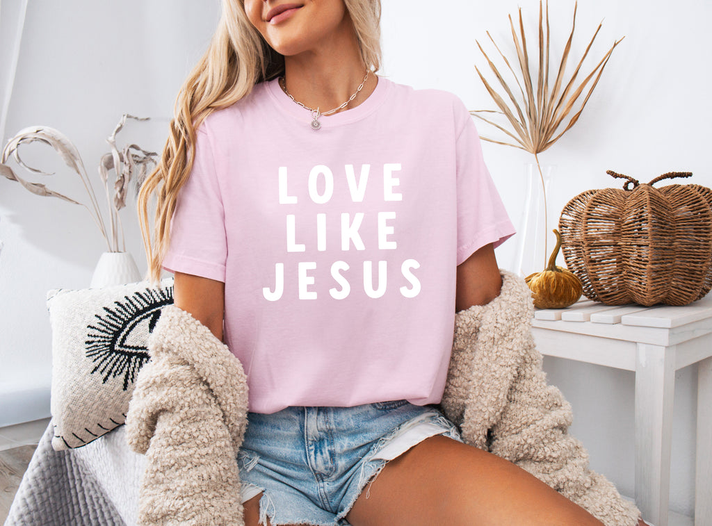 Christian T-shirt, light pink with 'LOVE LIKE JESUS' white front print