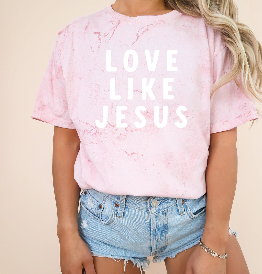 Christian T-shirt, light pink with 'LOVE LIKE JESUS' white back print