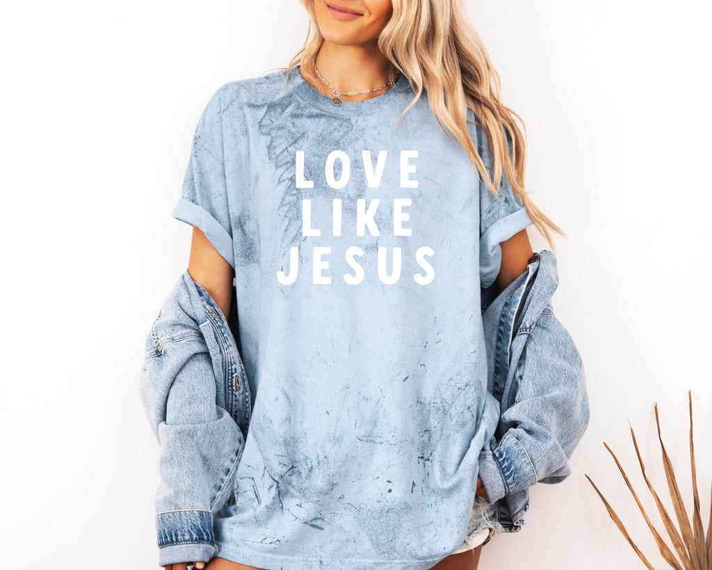 Christian T-shirt, light blue with 'LOVE LIKE JESUS' white front print
