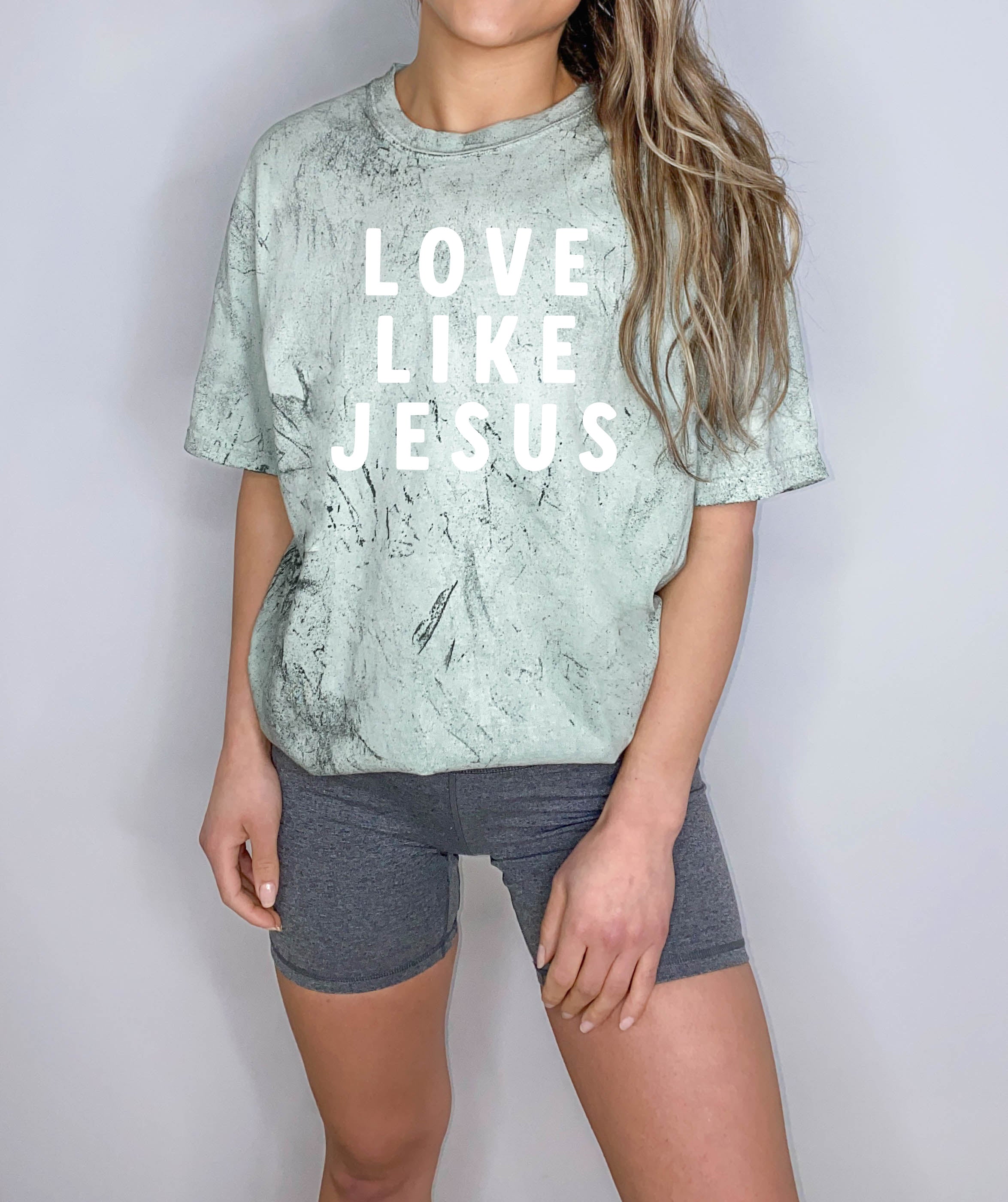 Garment-dyed T-shirt, dusty mint green, "LOVE LIKE JESUS" text print