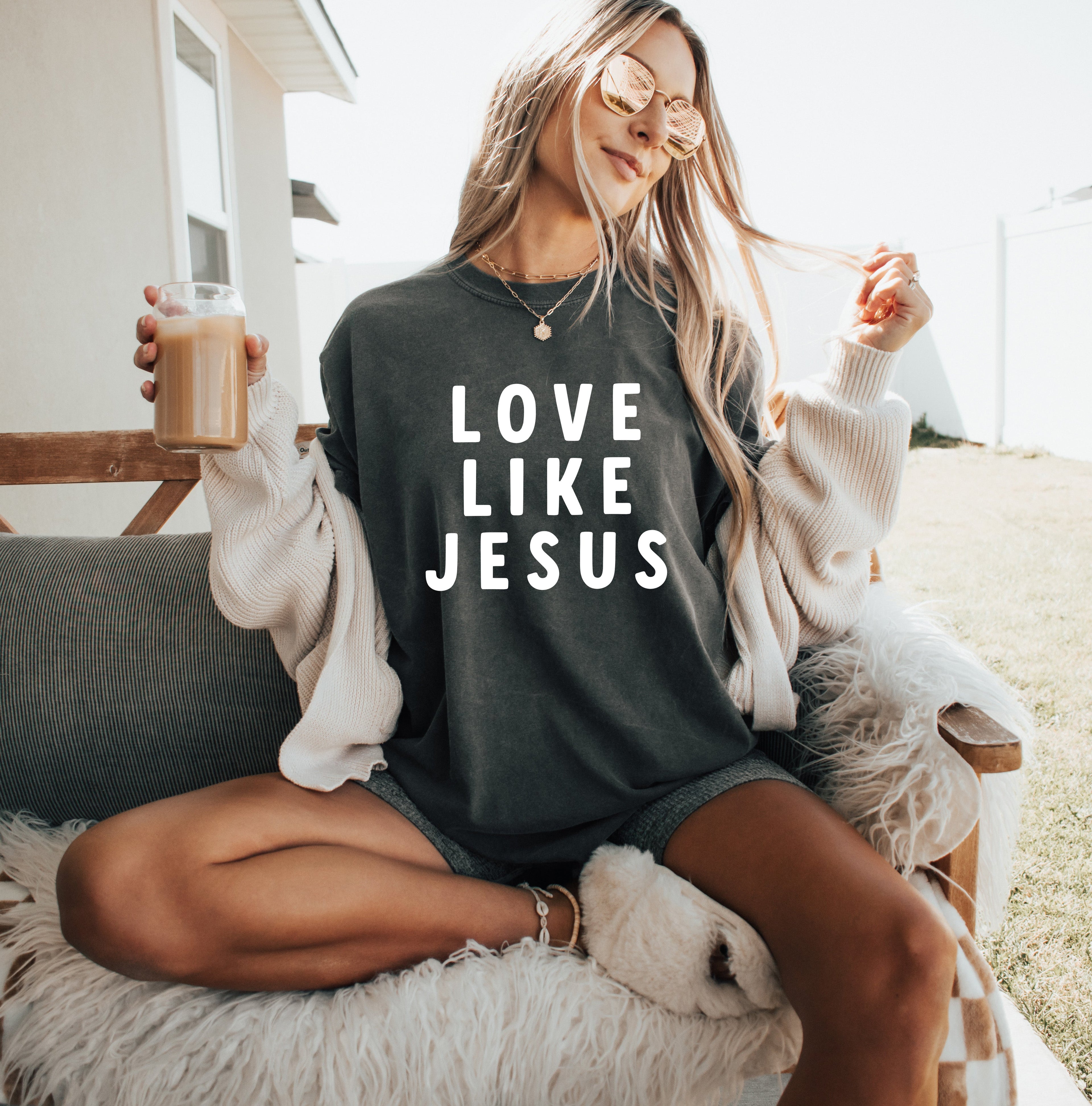 Christian T-shirt, dark charcoal with 'LOVE LIKE JESUS' white front print