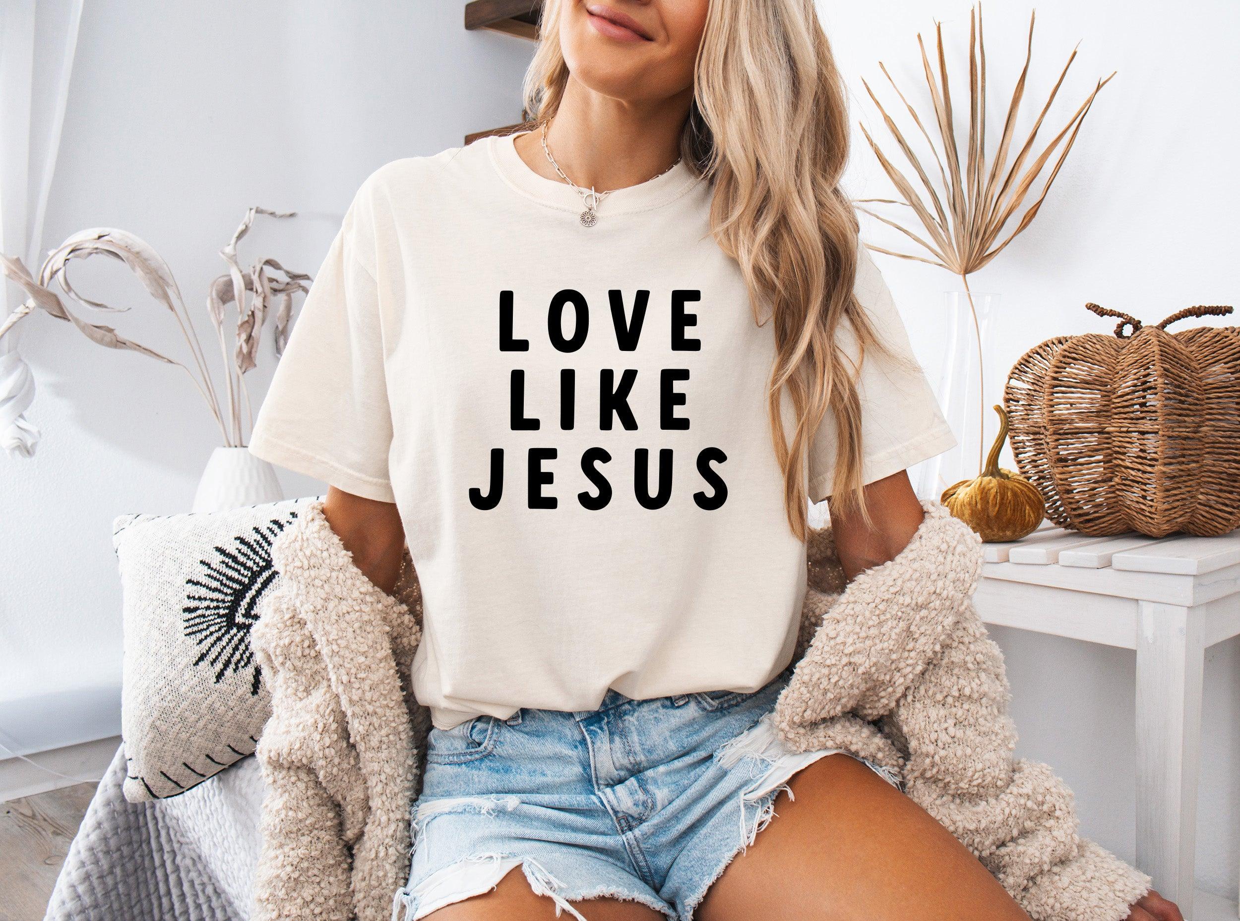 Garment-dyed T-shirt, ivory, black "LOVE LIKE JESUS" design print