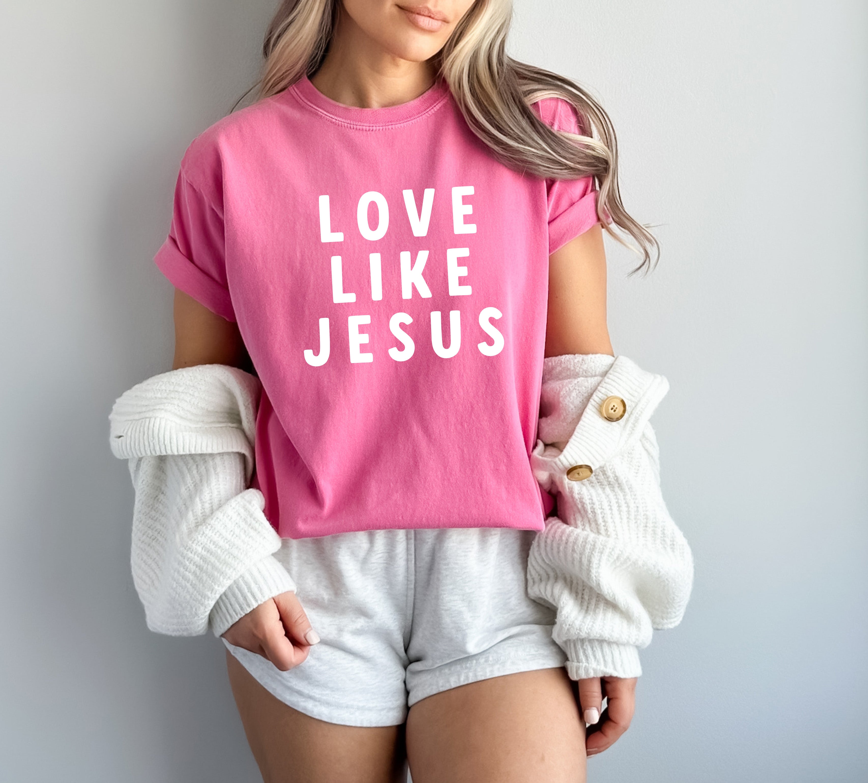Garment-dyed T-shirt, pink, white "LOVE LIKE JESUS" design print