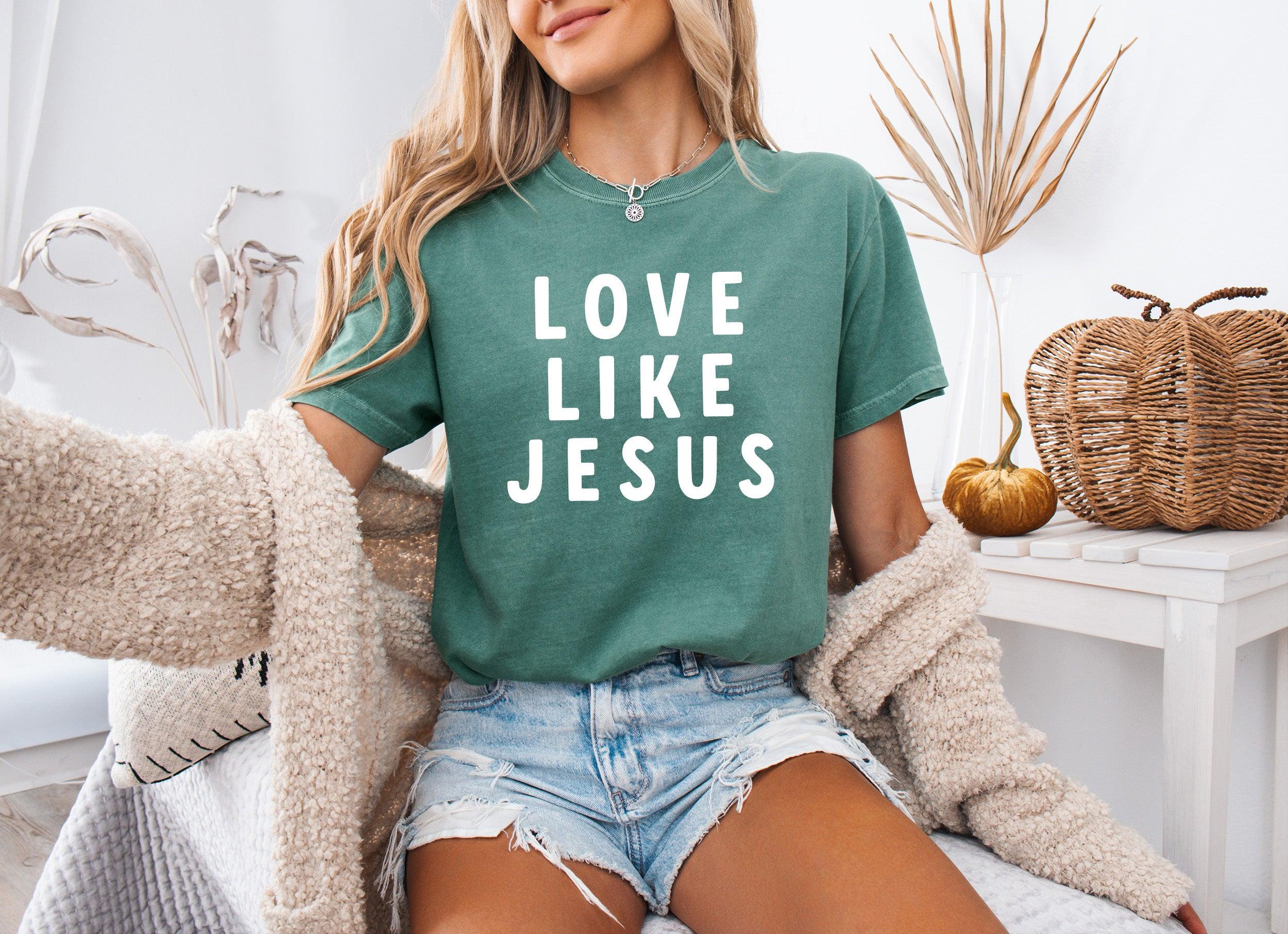 Garment-dyed T-shirt, deep green, white "LOVE LIKE JESUS" design print