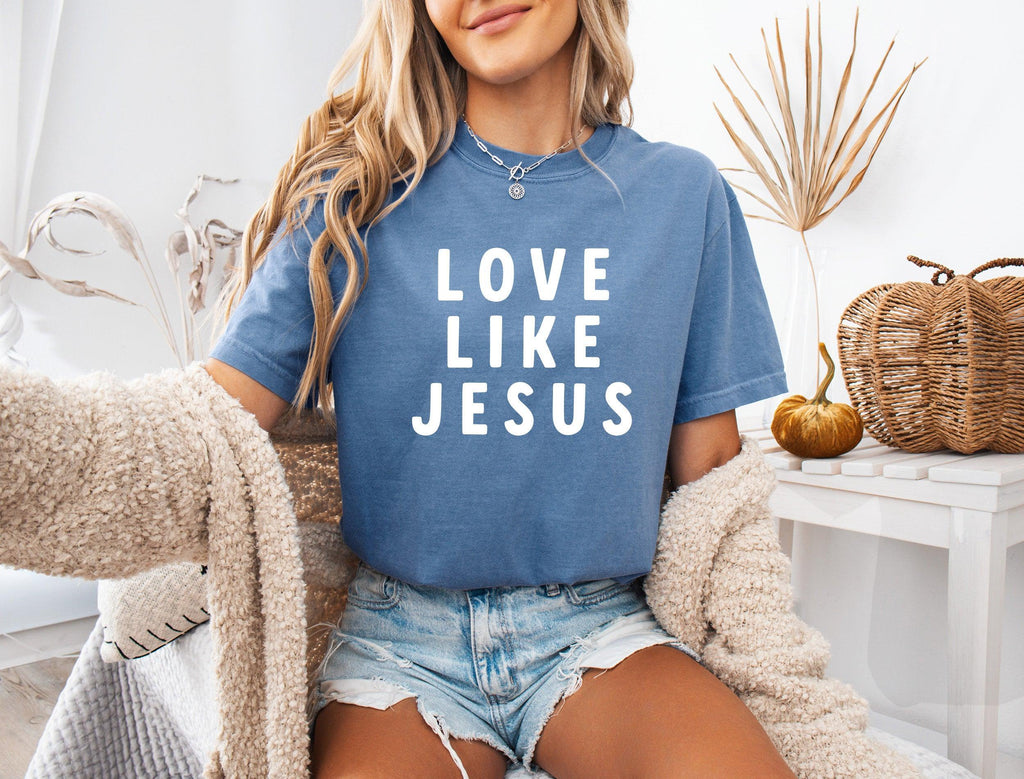 Garment-dyed T-shirt, blue, white "LOVE LIKE JESUS" design print