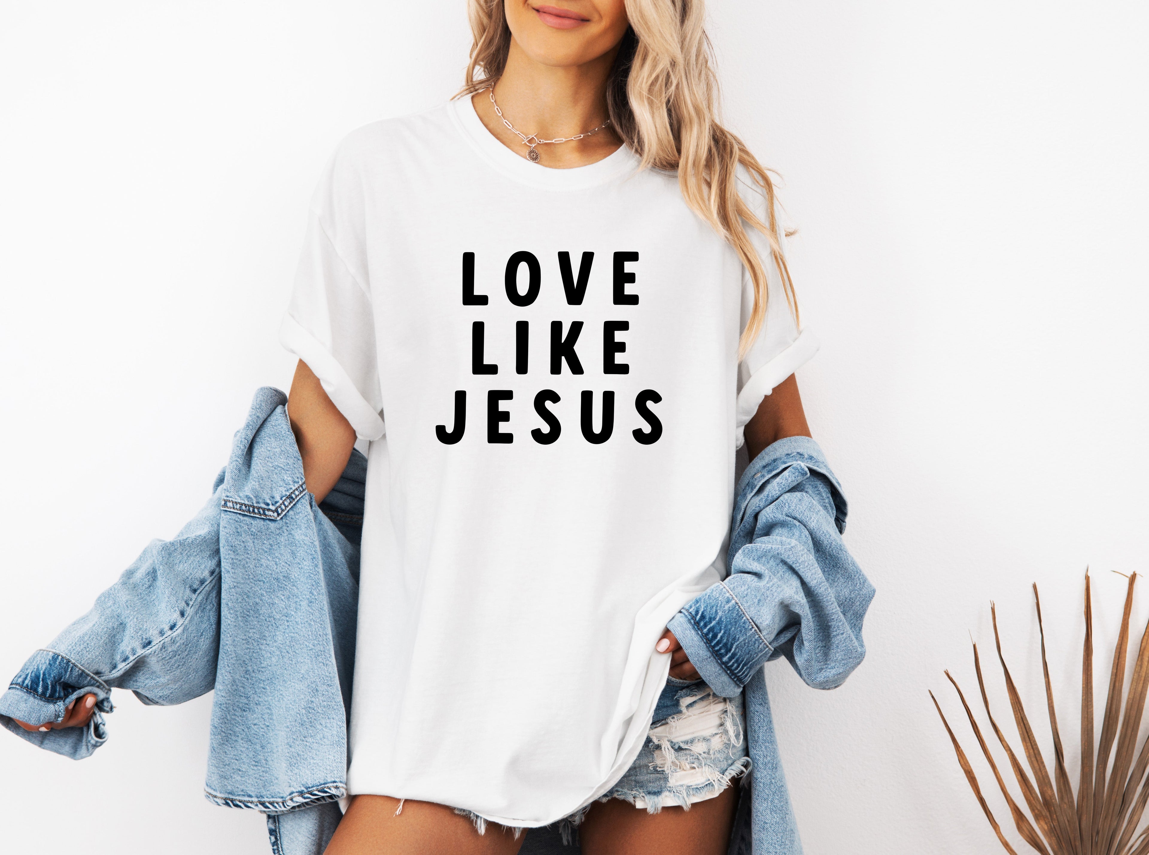 Garment-dyed T-shirt, white, black "LOVE LIKE JESUS" design print
