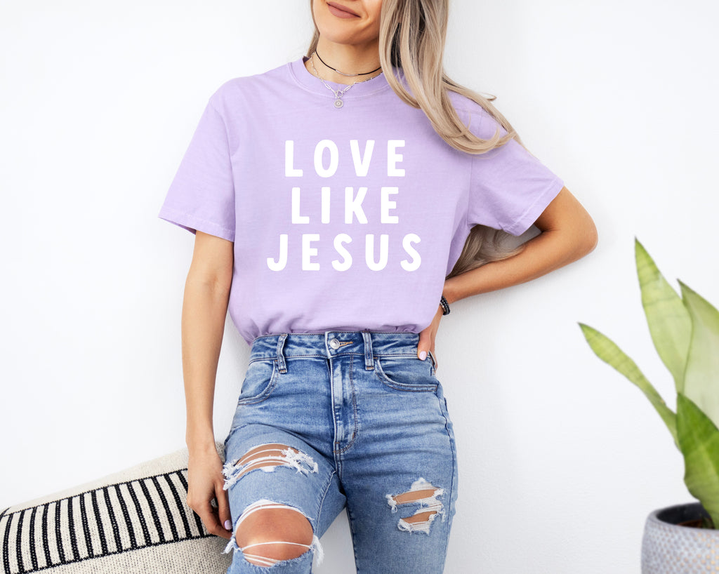 Garment-dyed T-shirt, light purple, white "LOVE LIKE JESUS" design print