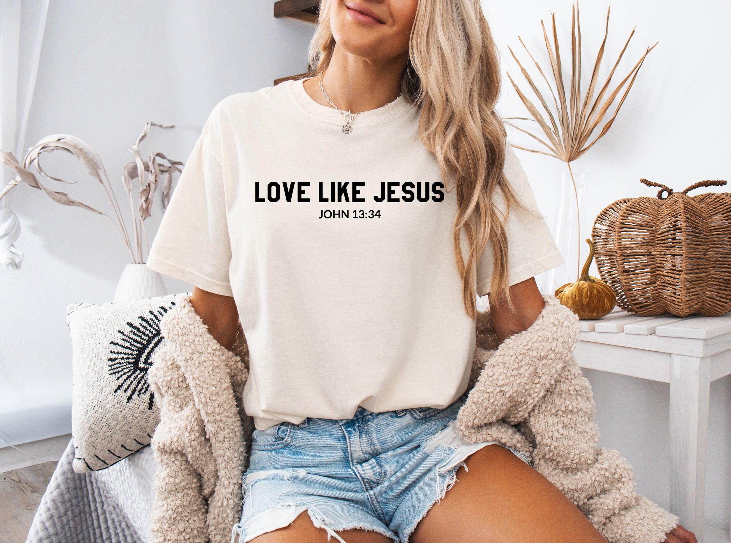 Ivory garment-dyed Christian T-shirt with “LOVE LIKE JESUS” and John 13:34 print