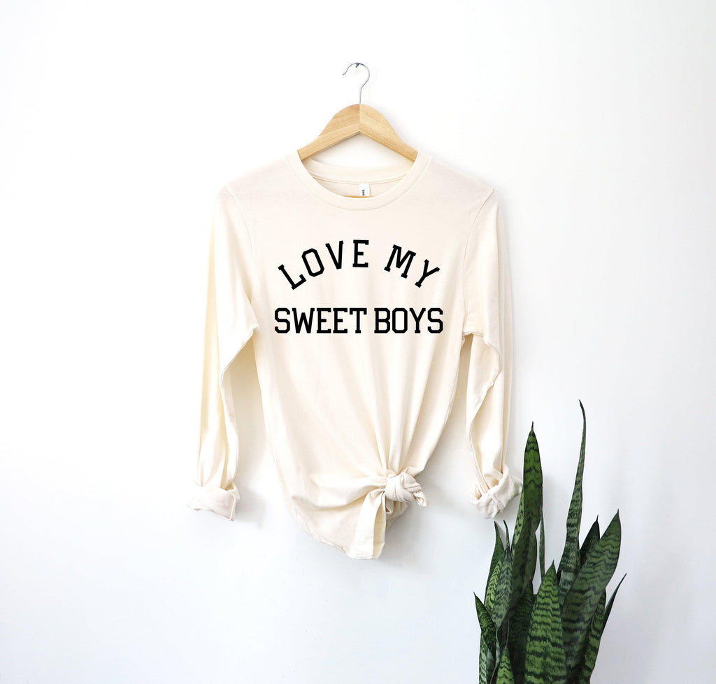 Cream long sleeve T-shirt with black “LOVE MY SWEET BOYS” print.