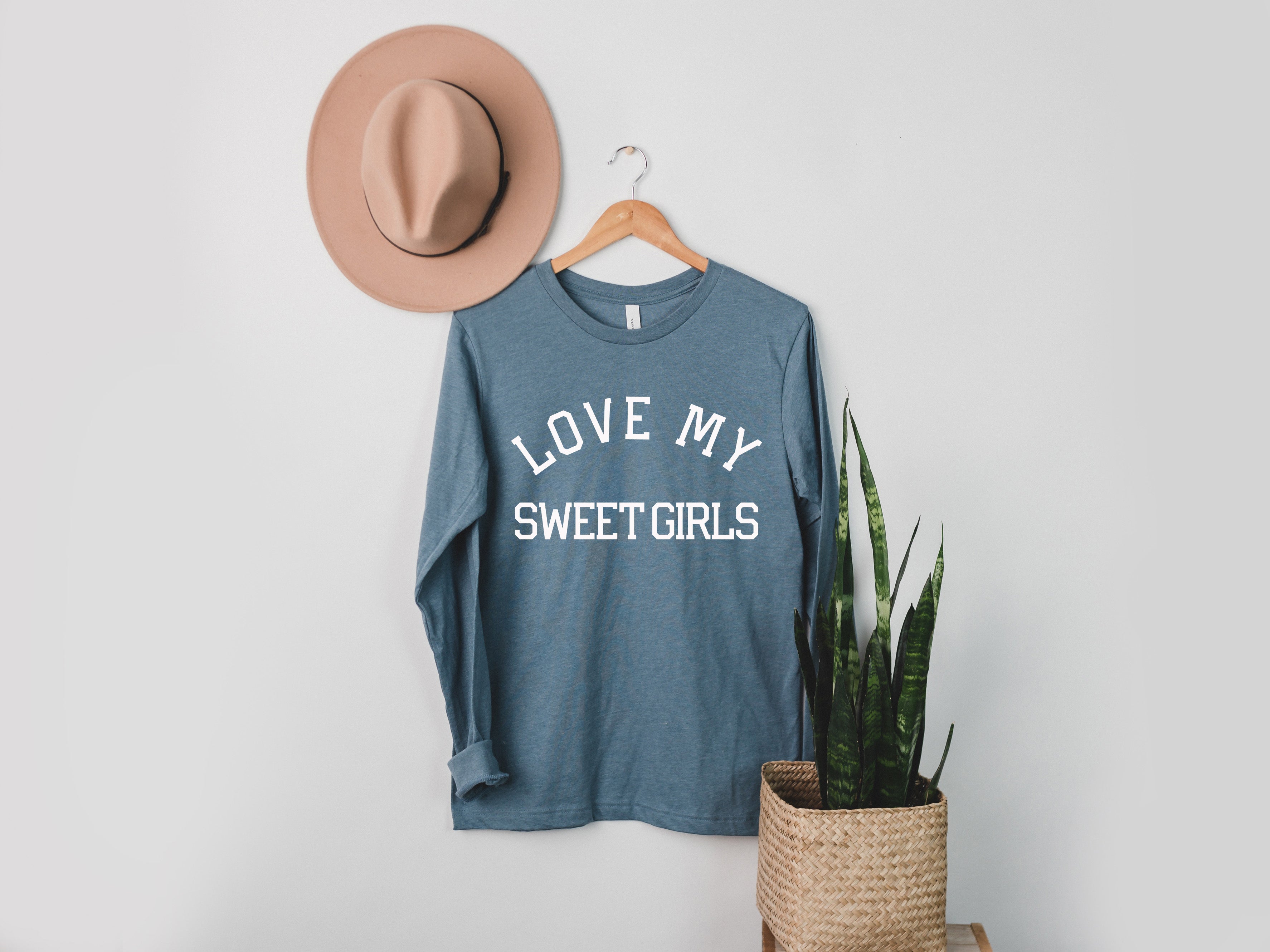 Blue heather long sleeve T-shirt with 'LOVE MY SWEET GIRLS' front text