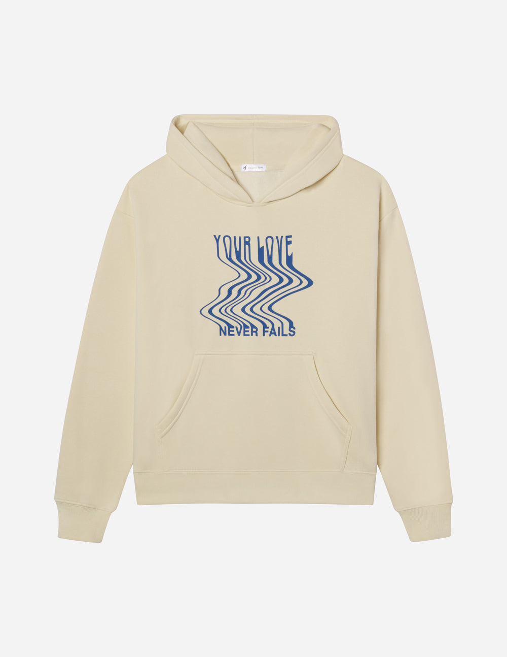 Cream unisex pullover hoodie with blue chest graphic, hood, and kangaroo pocket
